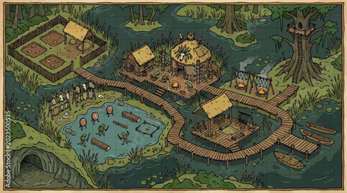 Canvastavla Fantasy swamp village map vector, isometric medieval marsh settlement with woode