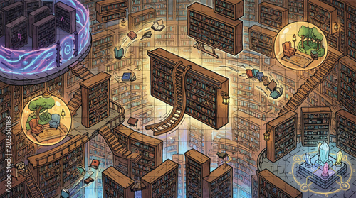 Obraz na plátne Fantasy magical library illustration, infinite mystical archive with floating bo