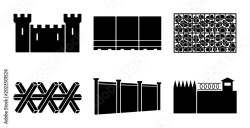 Obraz na płótnie Fortress, Barrier, and Security Wall Icons: Castle, Barbed Wire, Guard Tower Vec