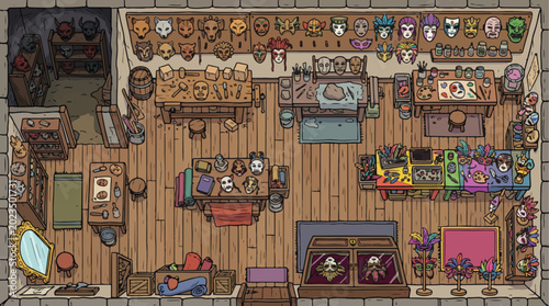 Canvastavla Fantasy mask maker workshop interior, medieval artisan shop with tribal masks an