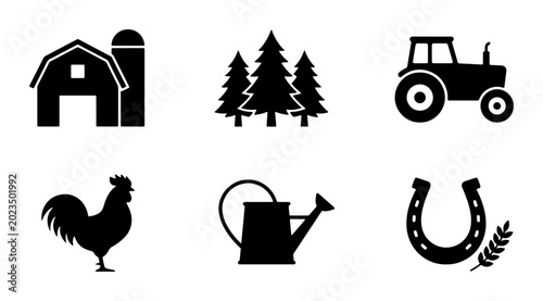 Konstfotografi Farm Icons Set: Barn, Silo, Trees, Tractor, Rooster, Watering Can, Horseshoe, Wh