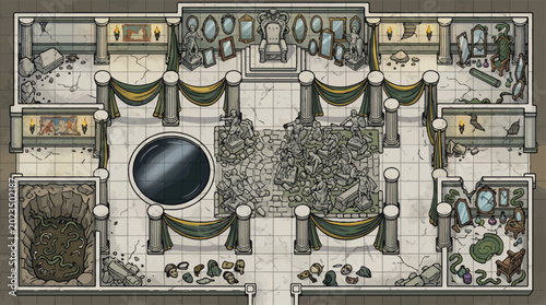 Schilderij op canvas Fantasy dungeon battle map of a ruined throne room, top-down vector illustration