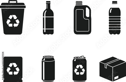 Black and white recycling icons and waste objects