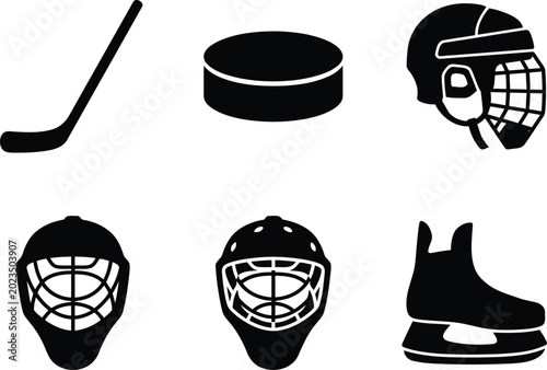 Black hockey equipment icons on white background