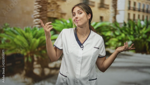 Tableau sur toile Woman nurse in white tunic shrugging with hands raised and fingers pointed outside a building; bemusement casual ease