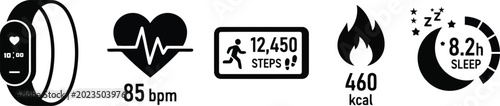 Smartwatch fitness icons with heart rate, steps, calories and sleep