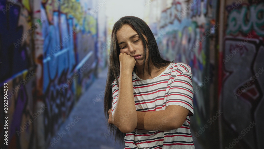 Obraz premium Woman resting chin on fist in graffiti street alley, wearing striped tshirt with closed eyes and long hair, freckle visible; tired solitude.