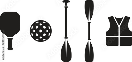 Tableau sur toile Black silhouettes of kayak paddle, pickleball paddle, ball and life jacket