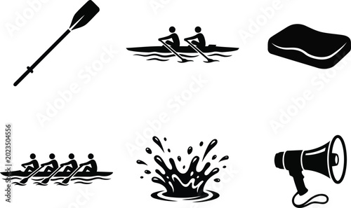 Photos Black icons of rowing oar, boat, megaphone and soap