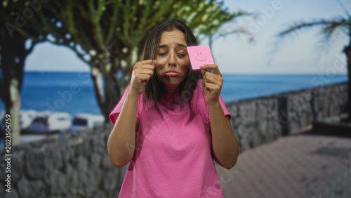 Billede på lærred Woman rubs eye while holding a pink smiley note on a seaside promenade stone wall walkway; bittersweet sadness resilience