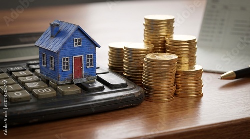 Miniature house painted in striking cobalt blue resting on top of a dark calculator beside towering stacks of shiny gold coins on a desk.