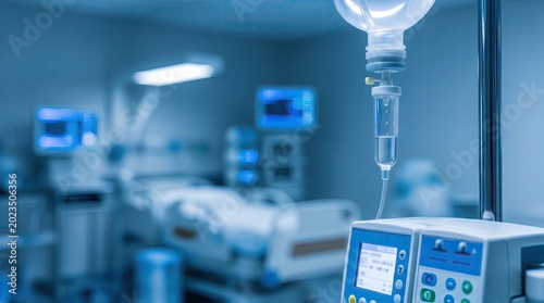 Medical IV drip with infusion pump in focus, hospital room blurred in the background, highlighting emergency care and patient monitoring.