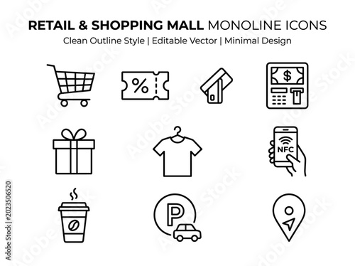 Retail and Shopping Mall Monoline Icon Set with Minimal Ecommerce, Mobile Payment and Store Symbols on White Background