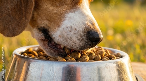 A close-up of a dog eating dry kibble from a metal bowl outdoors in a sunlit grassy area.