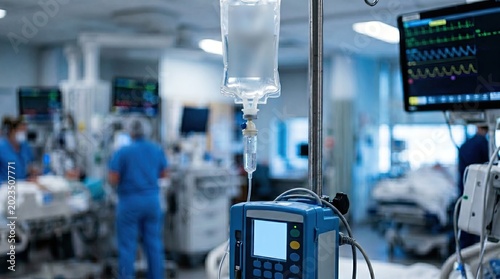 Intravenous drip with infusion pump in a busy hospital ICU, blurred medical staff and monitors in the background.