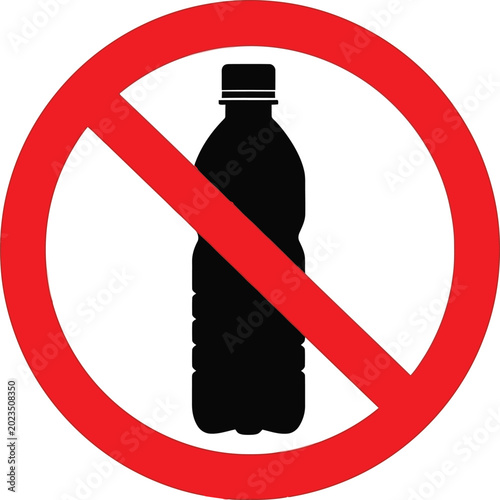 Fotografi Black plastic water bottle silhouette inside a red forbidden circle sign represe