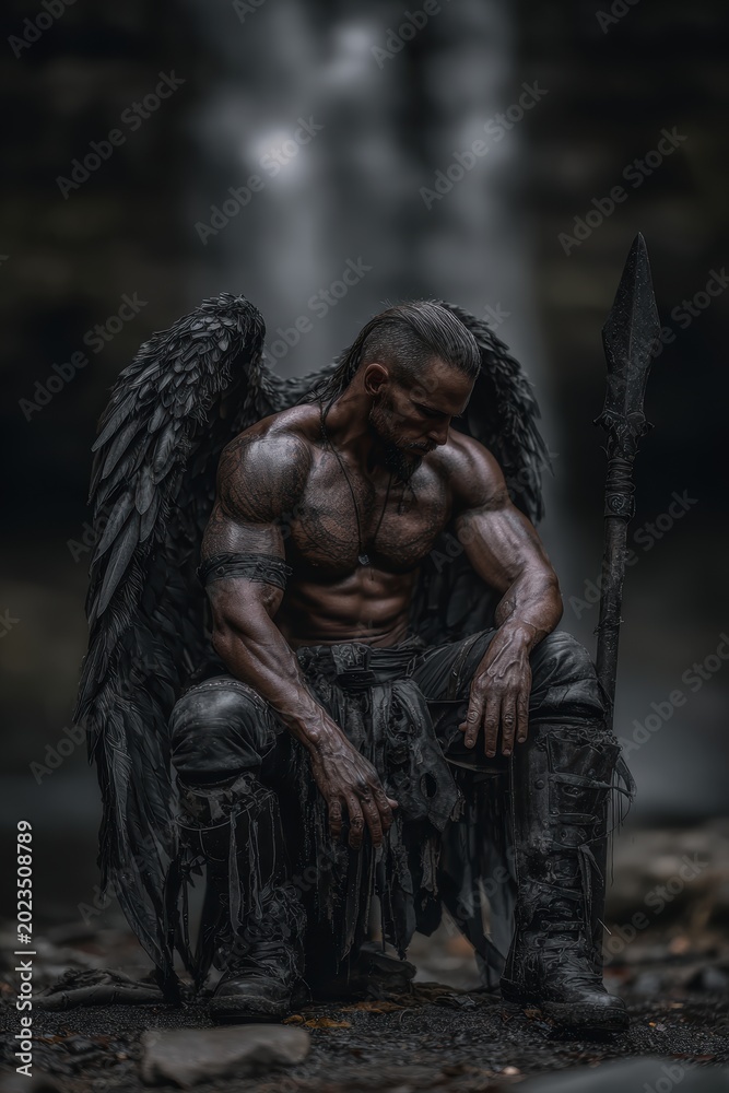 Fototapeta premium Fantasy wallpaper. A dark, atmospheric portrayal of a muscular male figure with large, feathered wings. He sits in a contemplative pose, holding a spear in his right hand.