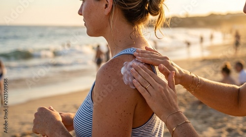 Sunset beach scene with two people applying sunscreen near the ocean on a warm summer evening