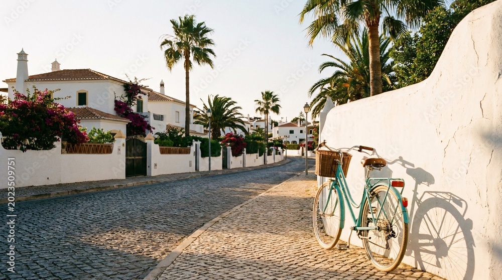 Fototapeta premium White Mediterranean villas lining a paved street with swaying palm trees in golden hour sunlight, featuring a vintage turquoise bicycle.