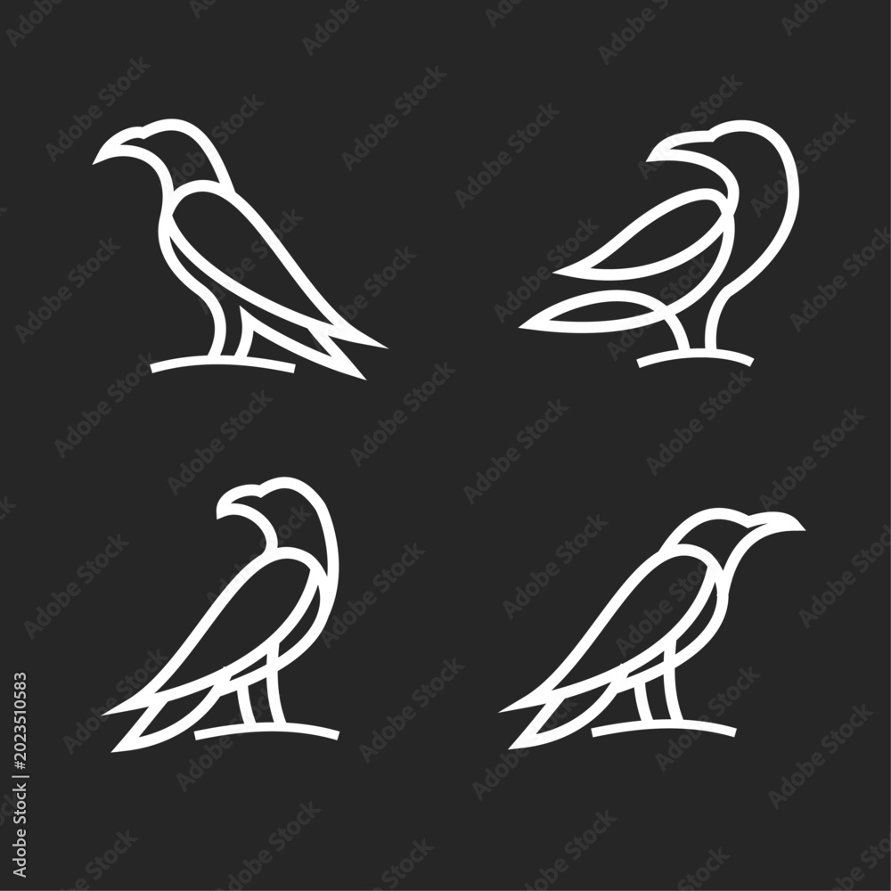 Fototapeta premium Set of Four Minimalist Line Art Bird Logos on Dark Background