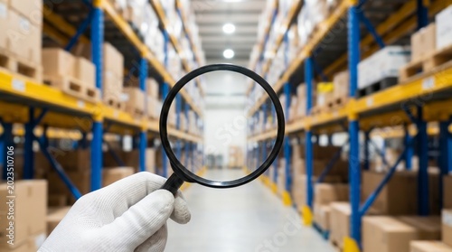 Thorough inventory inspection using a magnifying glass within a modern industrial warehouse, emphasizing precise quality control and efficient logistics management