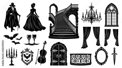 Gothic Vampire Castle Elements Silhouette Vector Set: Dracula, Bride, Bats, Chandeliers, Staircase, Windows, Doors, and Ornate Decor Icons