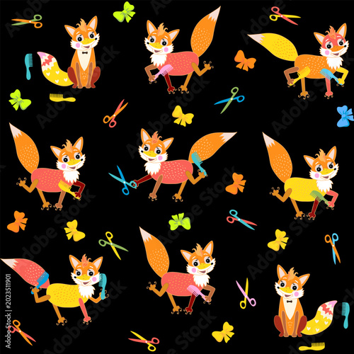 Fairytale hairdressing salon with foxes hairdressers. Beautiful set with foxe...