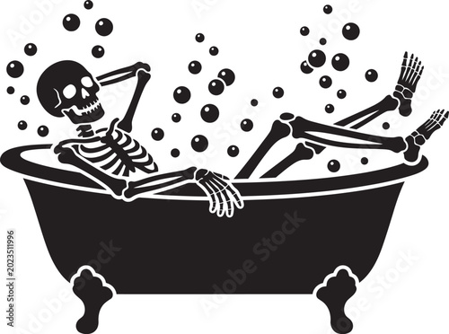 Funny skeleton relaxing in a bathtub full of soap bubbles