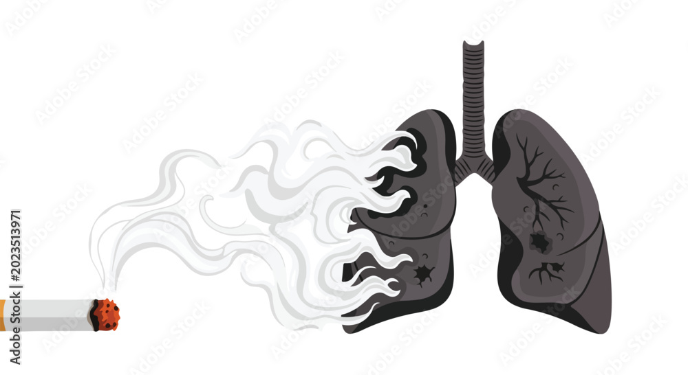 Fototapeta premium Illustration of damaged lungs with smoke from a cigarette, symbolizing the harmful effects of smoking on respiratory health