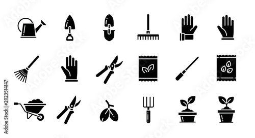 Photos Gardening Tools and Supplies Collection Icon Set.