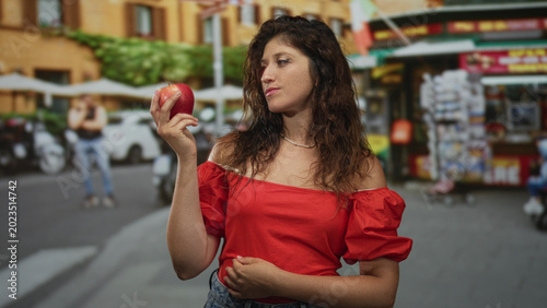 Fotografija Woman holding red apple with bare shoulder visible, standing in a street market near kiosks and parked cars; contemplation health