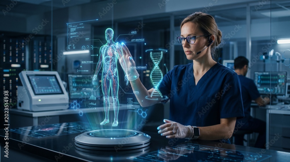 Fototapeta premium Female scientist interacting with holographic human body in laboratory.