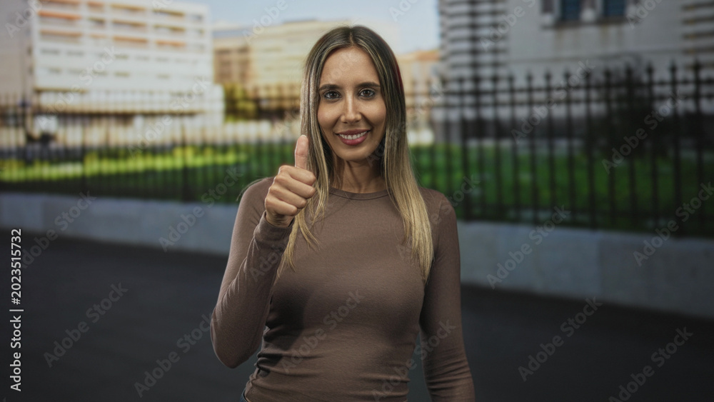 Fototapeta premium Woman gives thumbs up with hand extended in front of urban building and iron fence on street; confidence.