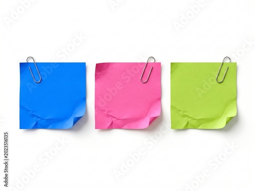 Colorful sticky notes with paper clips on white background for office supplies