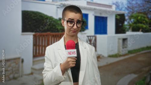 Photos Woman reporter holding red microphone at chest, eyebrow raised, on street outside white building; skepticism