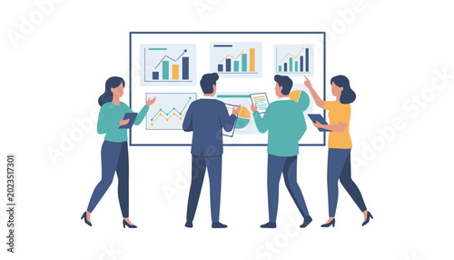 Business professionals analyzing data on a large screen with flat design white background business