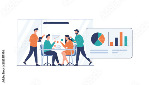Team analyzing financial data and charts during a meeting with pie chart bar analysis