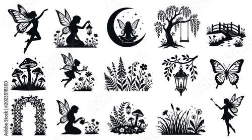 Fairytale Fantasy Fairies and Nature Elements Black and White Silhouettes Vector Collection