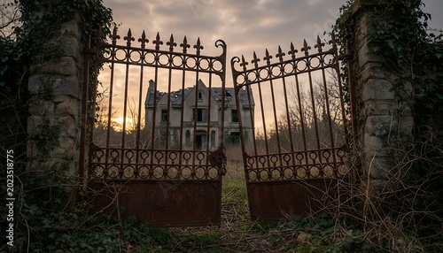 Rusty Ornate Gate Opens to Abandoned Mansion at Sunset