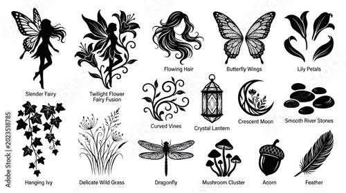 Nature and Fantasy Black  White Silhouette Vector Elements Collection for Graphic Design and Craft Projects