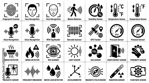 Sensors collection with icons for various detection and recognition technologies featuring sensor, technology, fingerprint scanner with motion