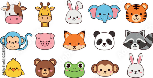 Canvas Print Cute Cartoon Animal Face Collection Featuring Cow, Giraffe, Rabbit, Elephant, Ti