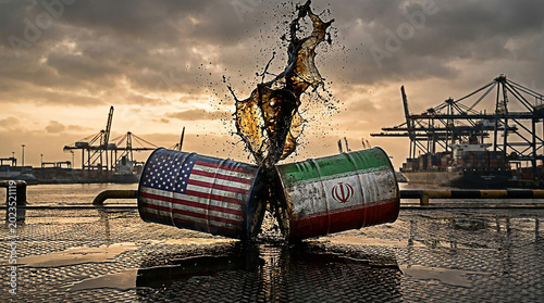 Two metal oil barrels painted with American and Iranian flags colliding with a liquid splash