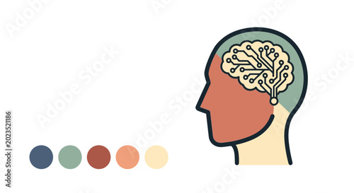 Flat vector illustration of human head profile with digital circuit brain for artificial intelligence technology and machine learning concept