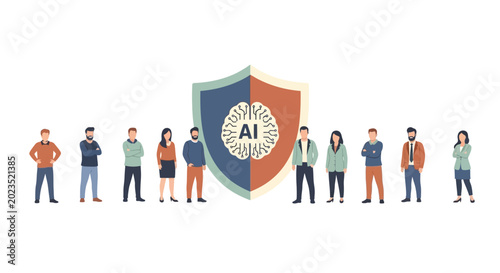 Картината върху платно Diverse People Standing with AI Security Shield for Artificial Intelligence Prot