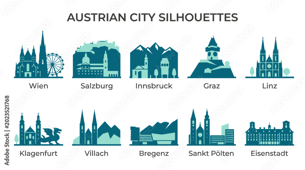 Naklejka premium Austrian City Silhouettes Large Vector Set Featuring Vienna Salzburg Innsbruck Graz Linz and Other Famous Austrian Skylines