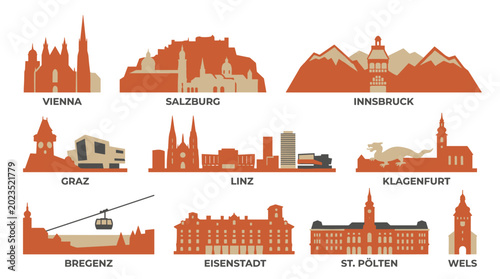 Large Austrian Cities Skyline Vector Set Featuring Vienna Salzburg Innsbruck Graz Linz and Klagenfurt in Warm Minimal Flat Style
