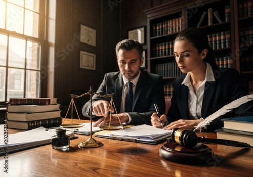 Male and female attorneys reviewing legal documents in a library