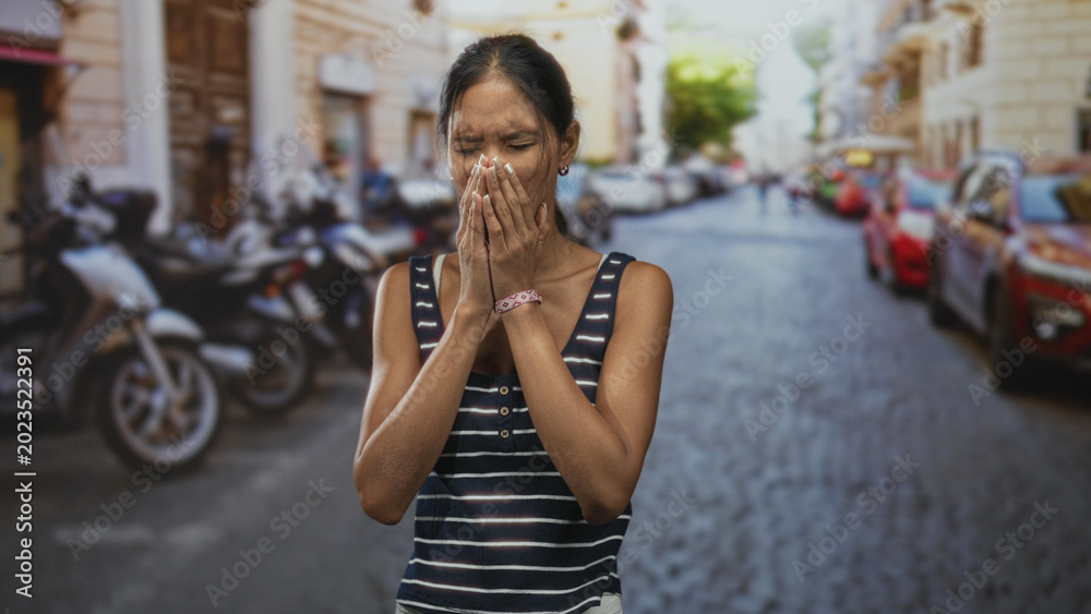 Fototapeta premium Thai woman presses hands to face, holds cheek and covers mouth on a cobblestone street lined with scooters and parked cars; pain toothache.