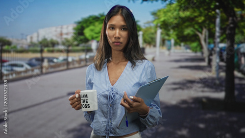 Cuadro en lienzo Young thai woman holds a mug reading i am the boss and a clipboard, hand gripping mug and pen visible, standing on a busy city street; confidence leadership